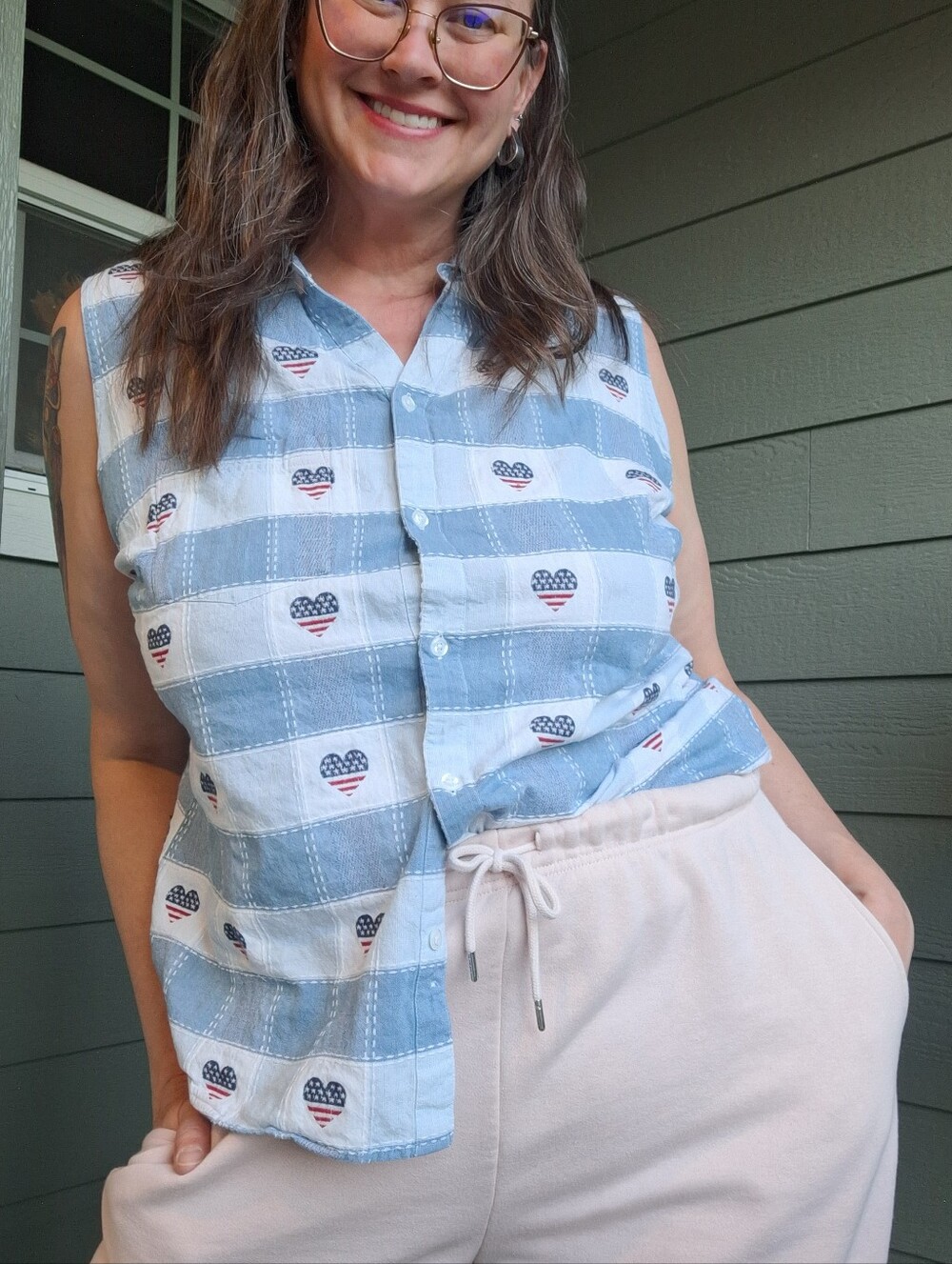 Vintage Northcrest Patchwork American Flag Heart Print Top 2X Patriotic USA